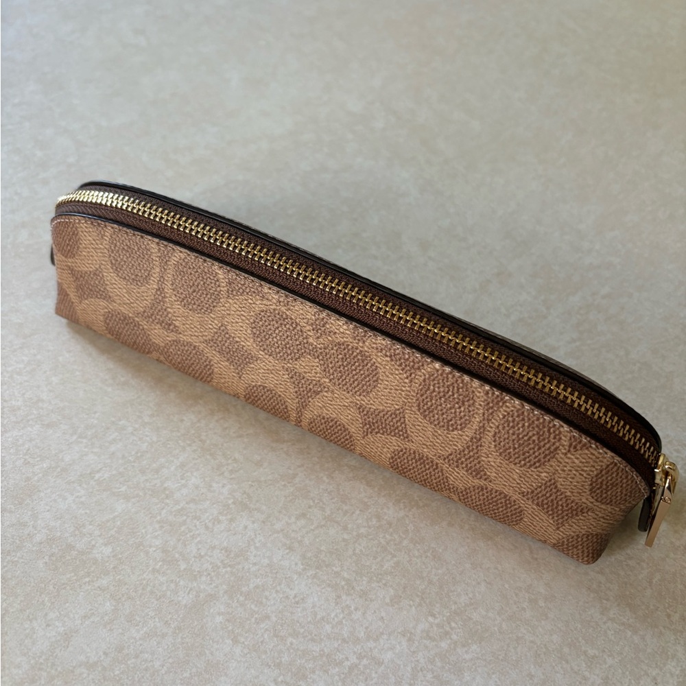 NEW LISTING Coach Tan Signature Canvas Pencil Case with Gold Zipper